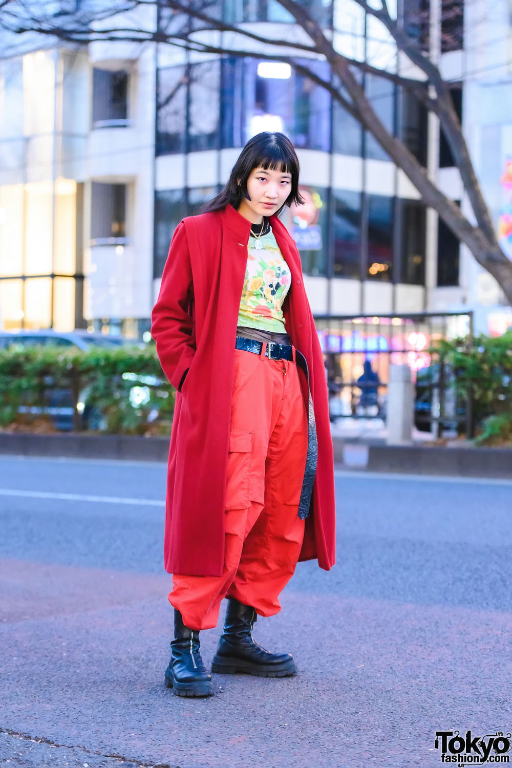 Japanese Model In All-Red Harajuku Street Style w/ END. Long Coat, Otoe Printed Shirt, Mesh Undershirt, Baggy Cargo Pants, Vintage Pendant Necklace & ASOS Zippered Leather Boots