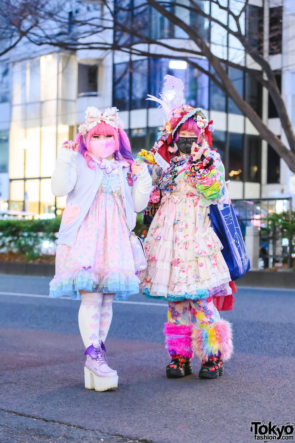 Pastel x Colorful Harajuku Street Styles in Harajuku w/ Twin Tails, Fuzzy Face Mask, Embellished Hat, Listen Flavor, Unicorn Print Corset Dress, Metamorphose Floral Print Dress, Dangerous Nude & Yosuke Platforms
