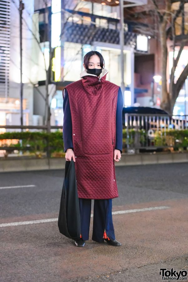 Quilted Overcoat Tokyo Fashion w/ Hatra Long Coat, Dior Blazer, Toga Flare Pants, Lilac Ruffle Tote, Gucci Statement Rings & Square Toe Boots