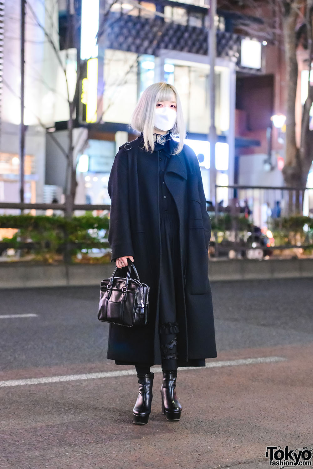 Tokyo Fashion College Student w/ Silver Hair In All Black Comme Des Garcons & Merry Jenny Ankle Boots