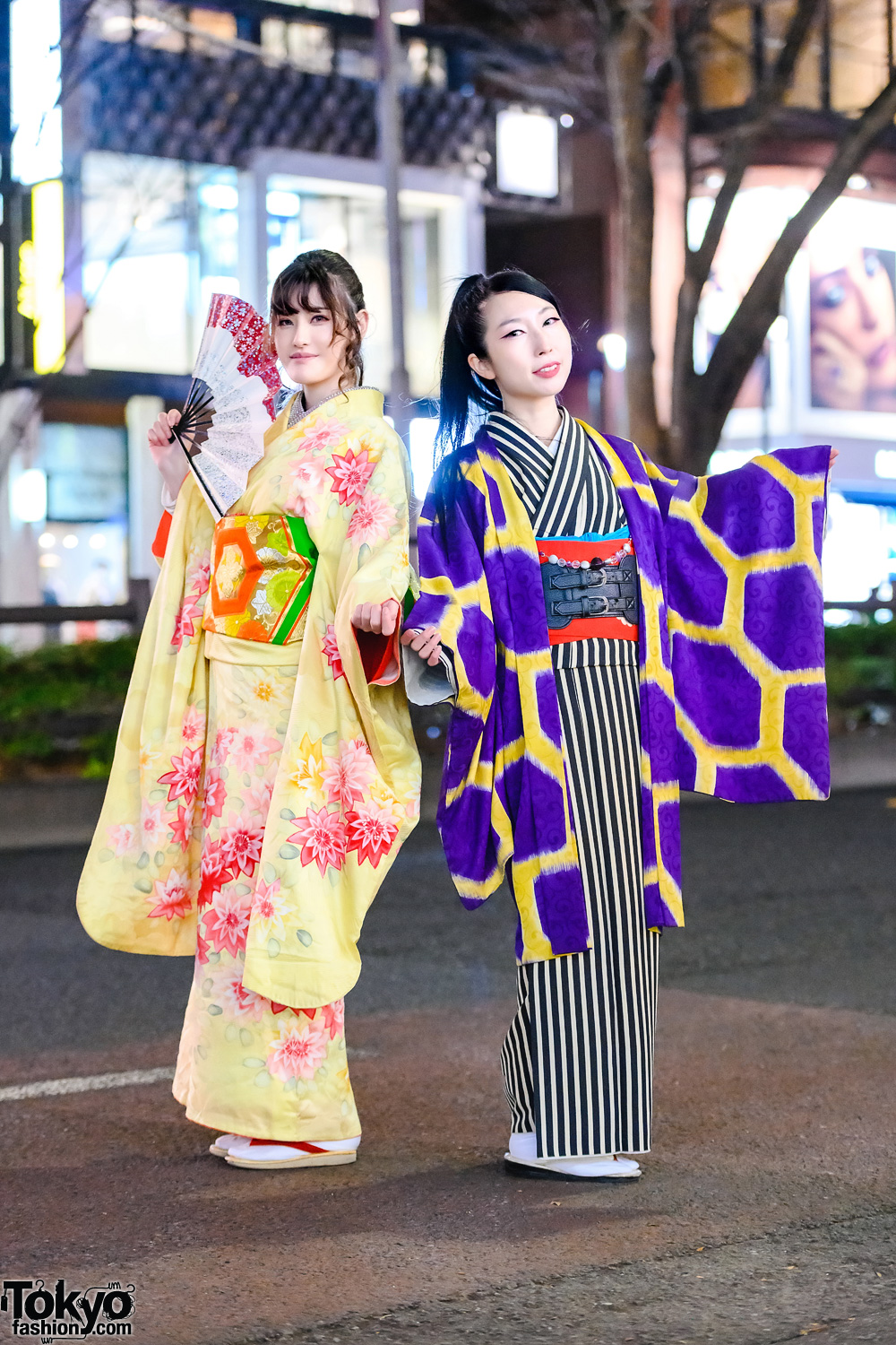 Japanese Kimono Street Styles w/ Fan, Floral Kimono, Belted Leather Corset, Striped Kimono, Geometric Kimono Jacket, Tabi Socks & Geta Sandals