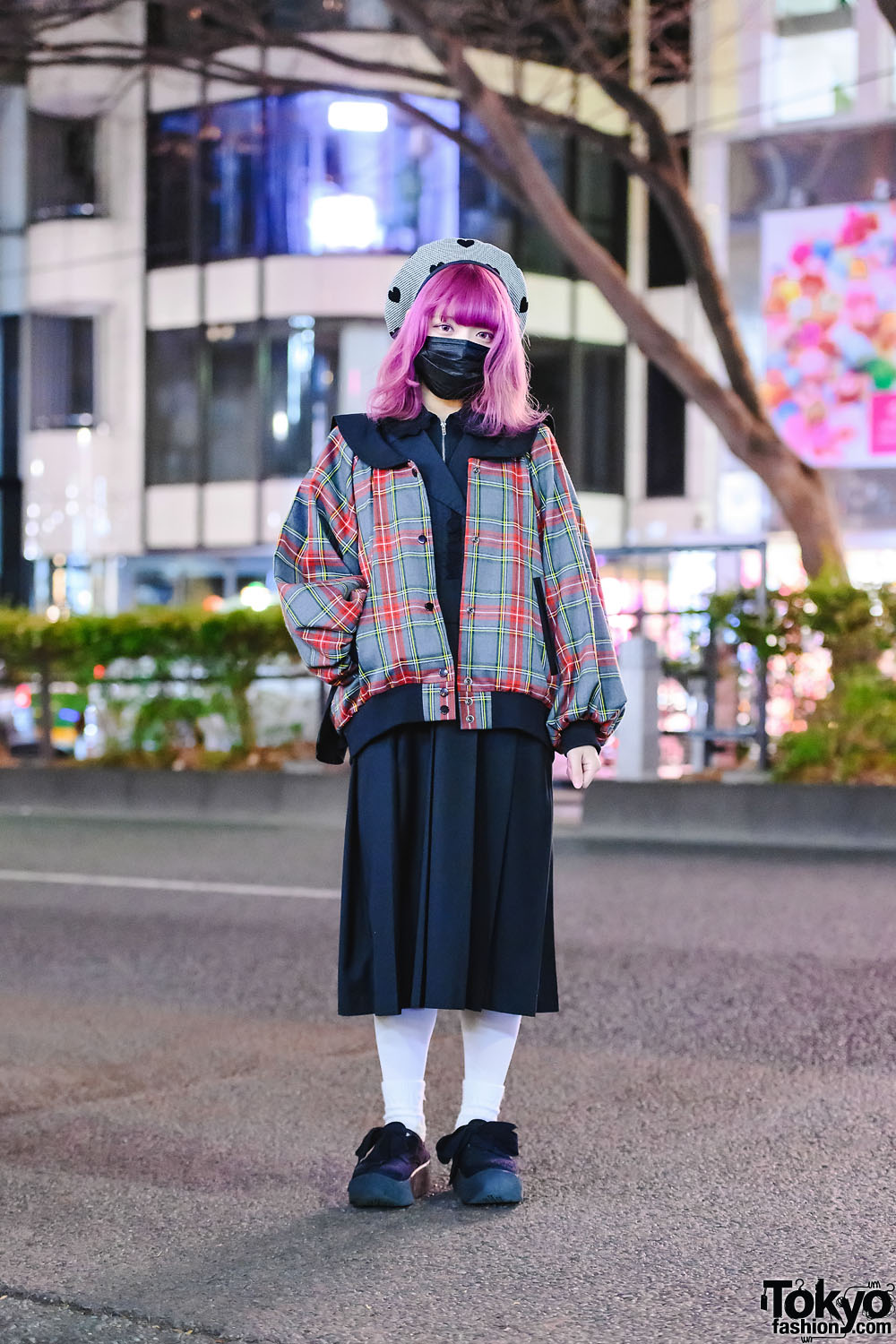 HEIHEI Street Style in Tokyo w/ Pink Hair, Plaid Jacket, Pleated Maxi Dress & Tokyo Bopper Bow Shoes