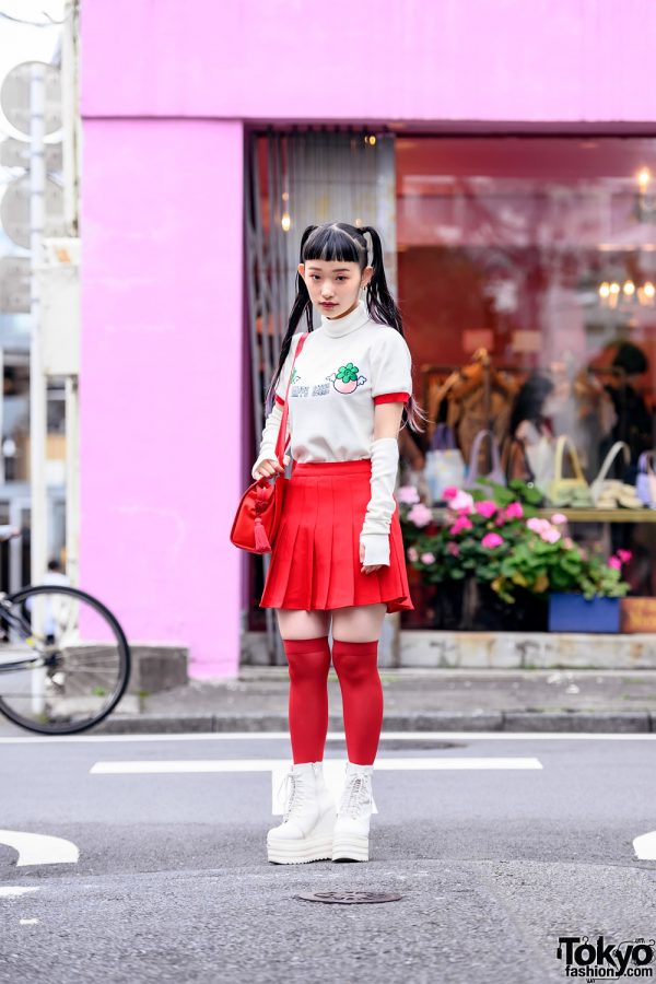 Harajuku Girl w/ Facial Piercings & Twintails in Jouetie Top, Pleated Skirt, Knee Socks & Platform Boots