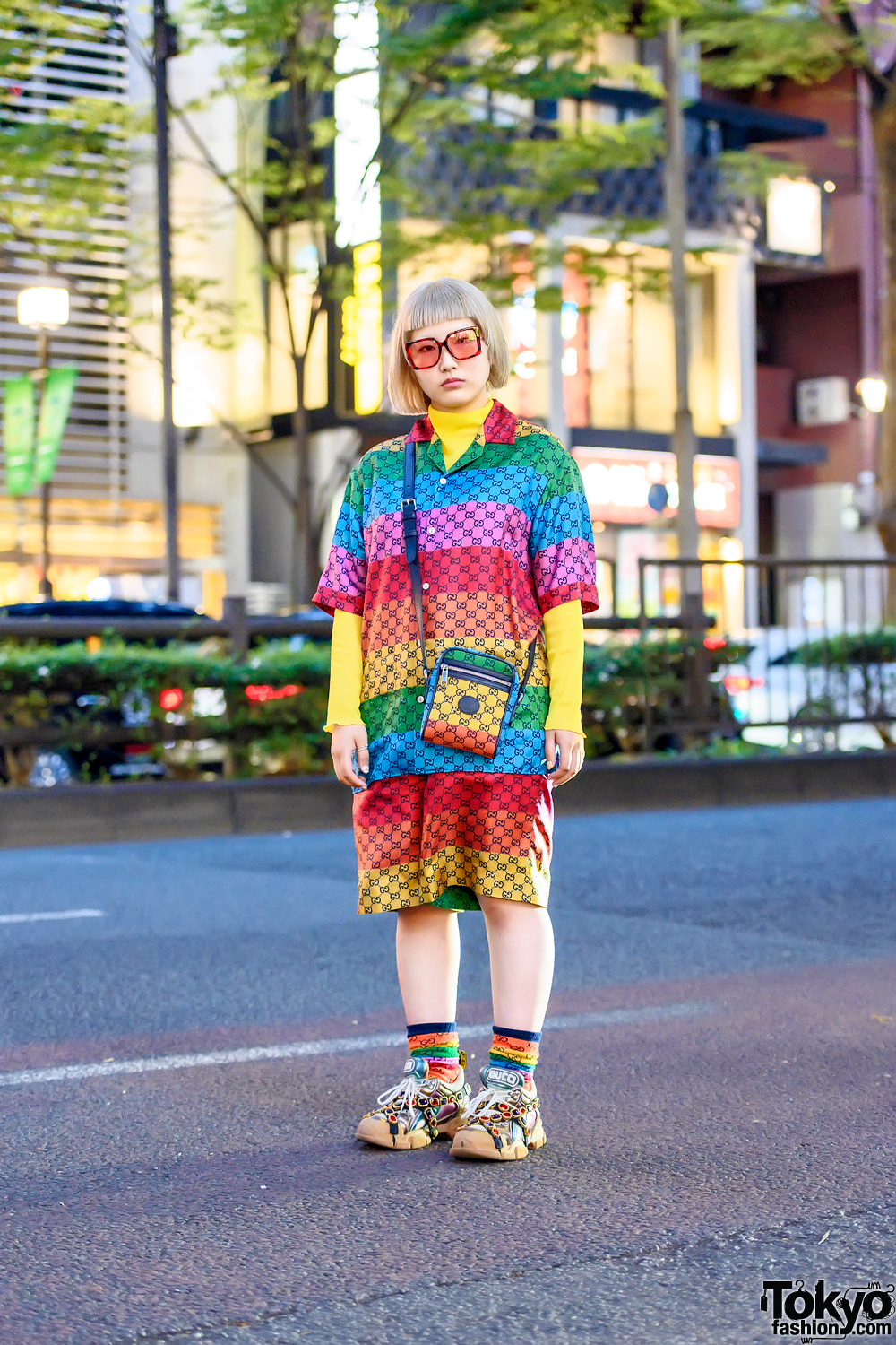 Gucci All Over Monogram Print Rainbow Street Style in Harajuku w/ Gucci Jeweled Sneakers