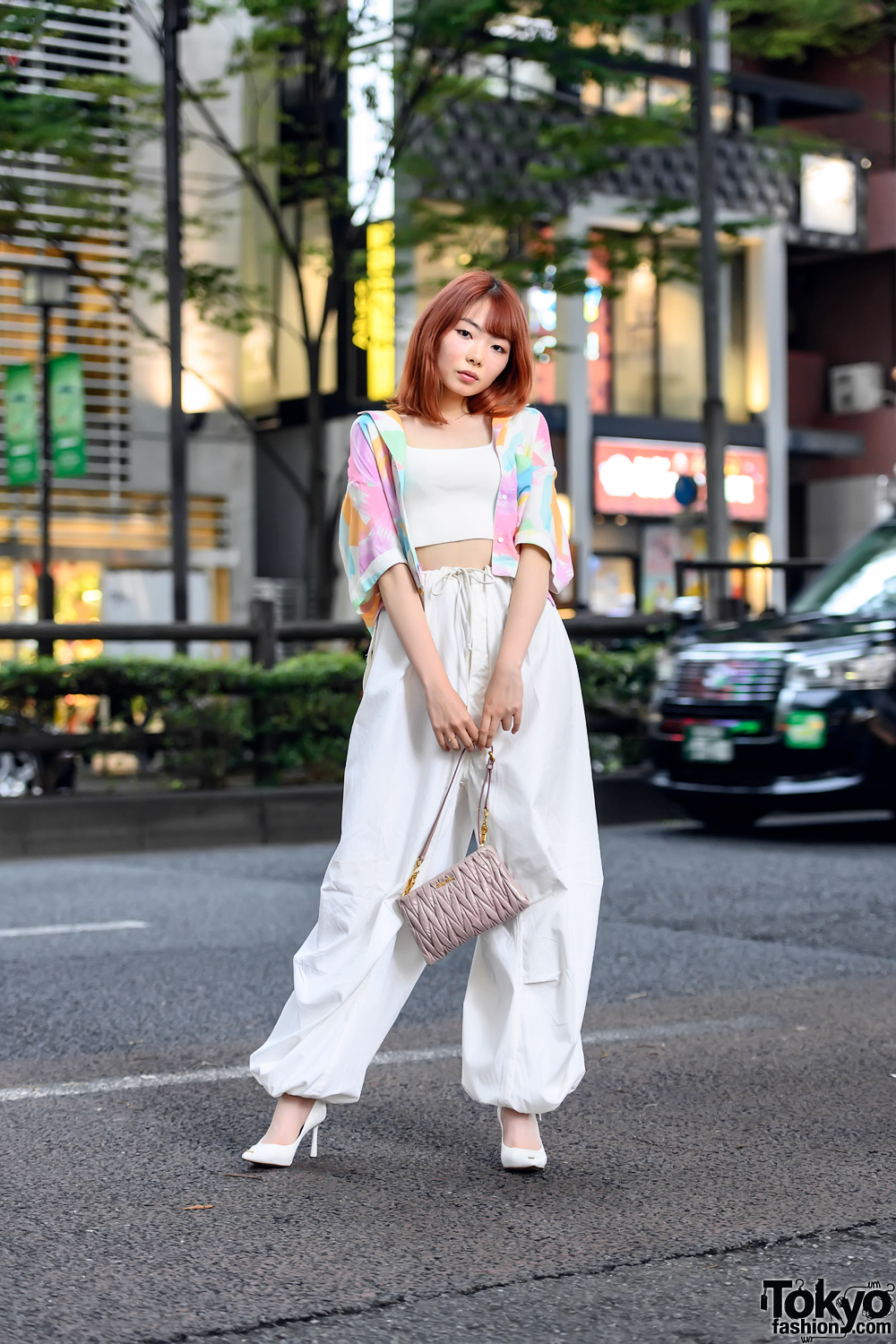 Japanese Model in Harajuku w/ Orange Hair, Vintage High Waist Pants, Crop Top & MiuMiu Bag