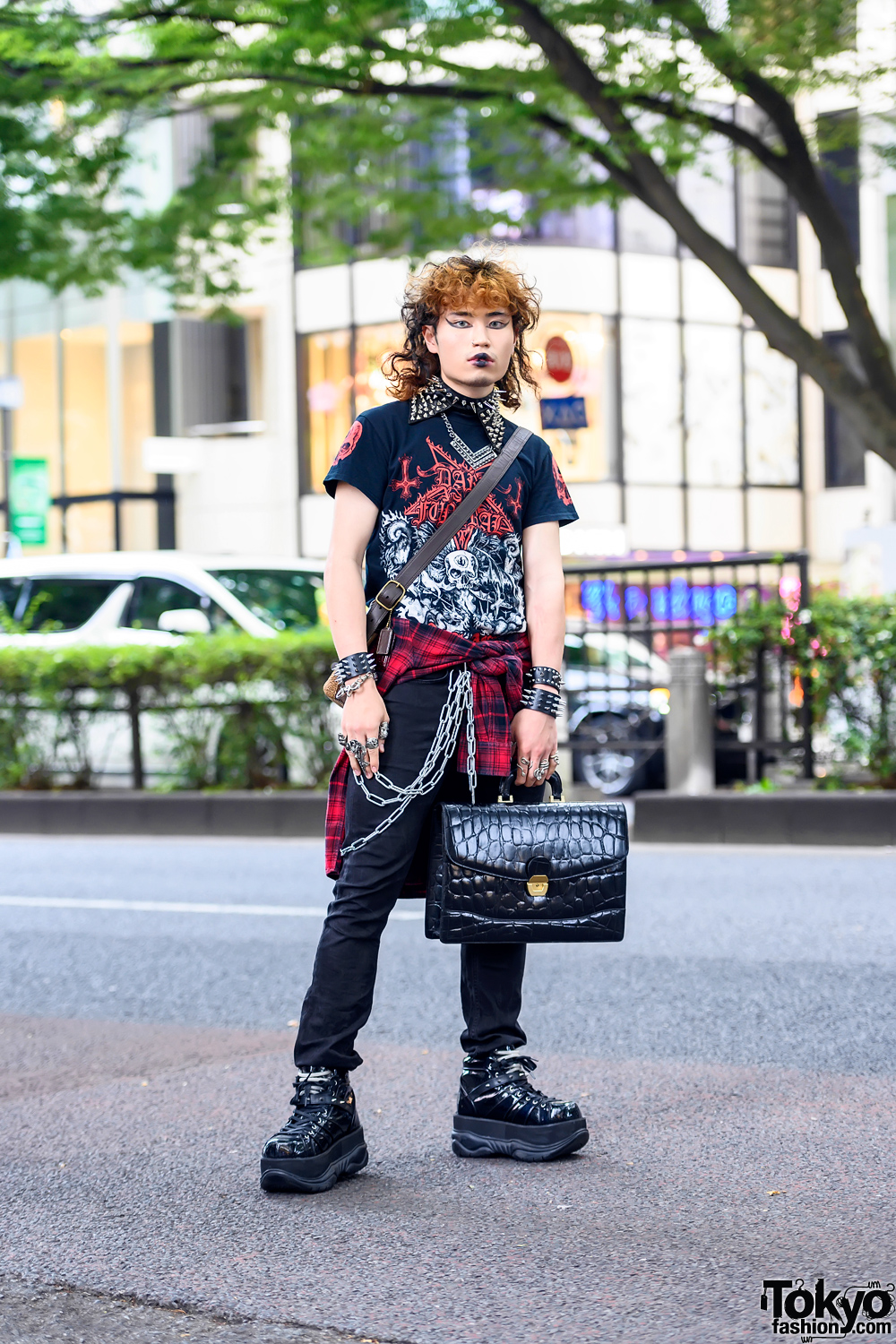 Harajuku Guy in Dark Funeral T-Shirt, Spikes, Studs, Briefcase & Demonia Platforms