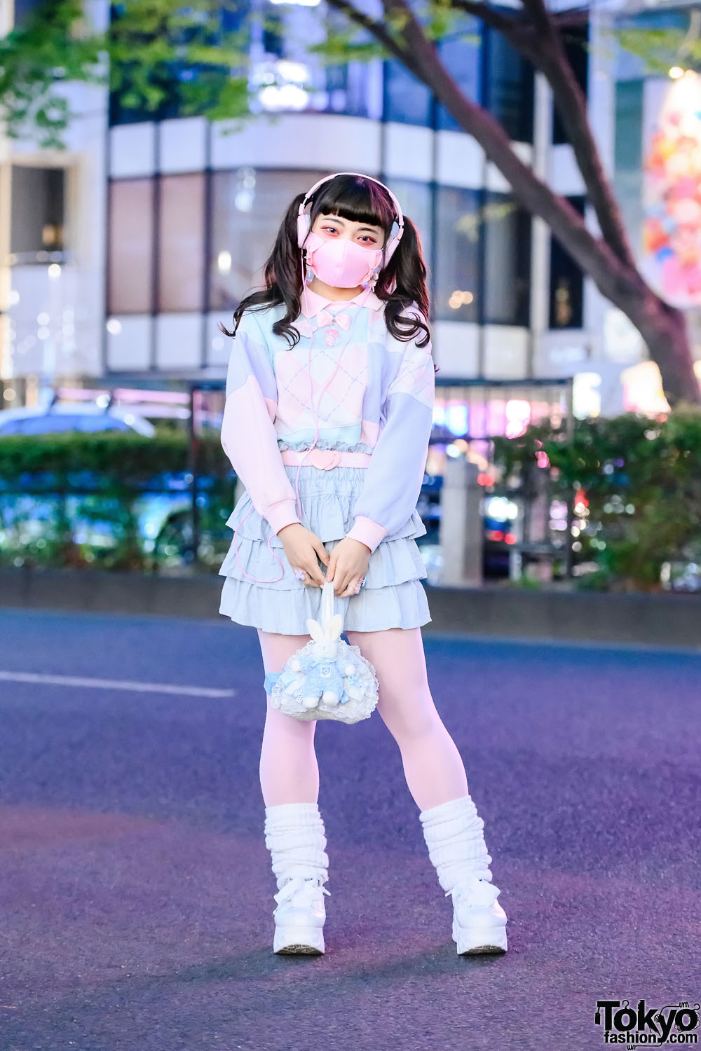 Pastel Harajuku Fairy Kei Street Style w/ Twin Tails, Spinns Sweater, Tiered Skirt, Uramo Bunny Bag, Nile Perch & Yosuke Platforms