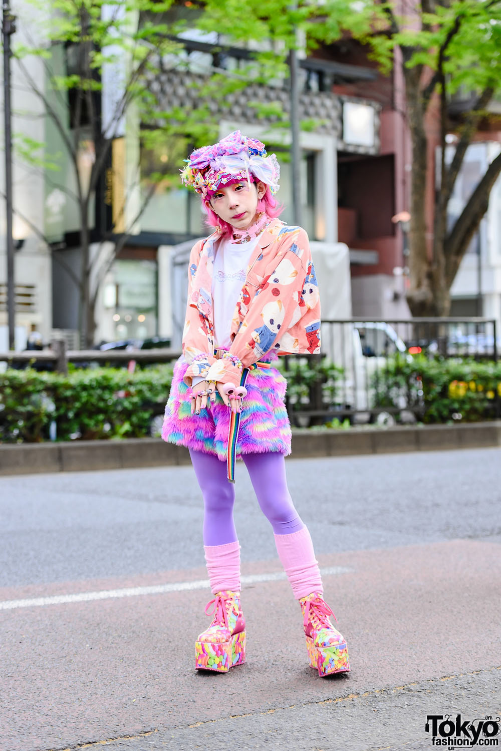 Japanese Idol's Kawaii Street Style w/ Decora Accessories, Troll Earrings, Handmade Jacket, 6%DOKIDOKI, Yoshida Chanel, ACDC Rag Fuzzy Shorts & Candy Platforms