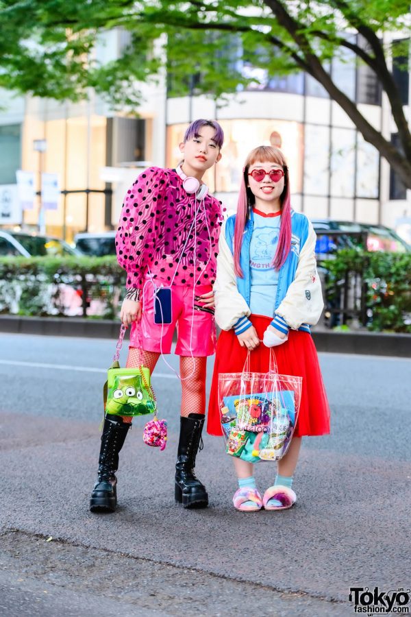 Harajuku Teen Sisters in Colorful Street Styles w/ San To Nibun No Ichi, Comme des Garcons Skirt, Sukajan, Kinji, Jouetie, Fruit of the Loom Tote & Yosuke Boots