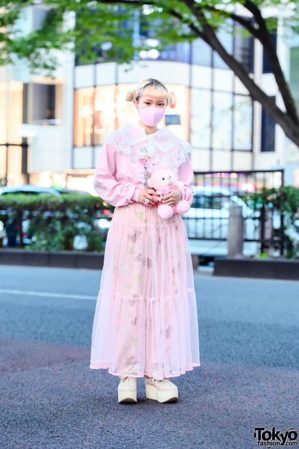 Teddy Bear & Vintage Pink Harajuku Street Style w/ Twin Buns, Teddy Bear, Sweatshirt, Teddy Print Tulle Skirt, Polka Dot Belt, Pastel Flower Ring & Tokyo Bopper Bow Platforms
