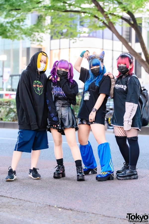 Rainbow Panic Japanese Idols in Tokyo w/ Colorful Hairstyles, Mishka Hoodie, Asics Shorts, KRY Sweatshirt, Burlesque Ruffle Shorts, Rainy Clown, Funky Fruit, Yosuke & Nike Sneakers