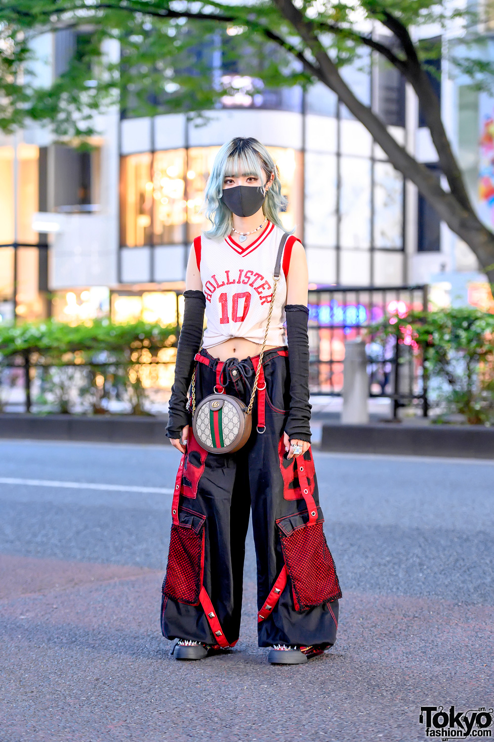 Harajuku Girl in 1990’s Street Style w/ Hollister Crop Top, Tripp Pants, Gucci Circle Bag & 53045 Spike Sneakers