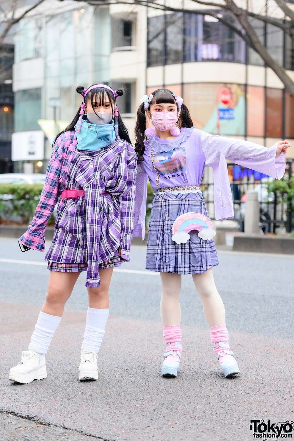 Paporin Purple Plaid Kawaii Street Styles in Tokyo w/ Twin Tails, Daiso Rainbow Bag, Pleated Skirts, Kinji Harajuku, Seria, Yosuke & CS T&P Shoes
