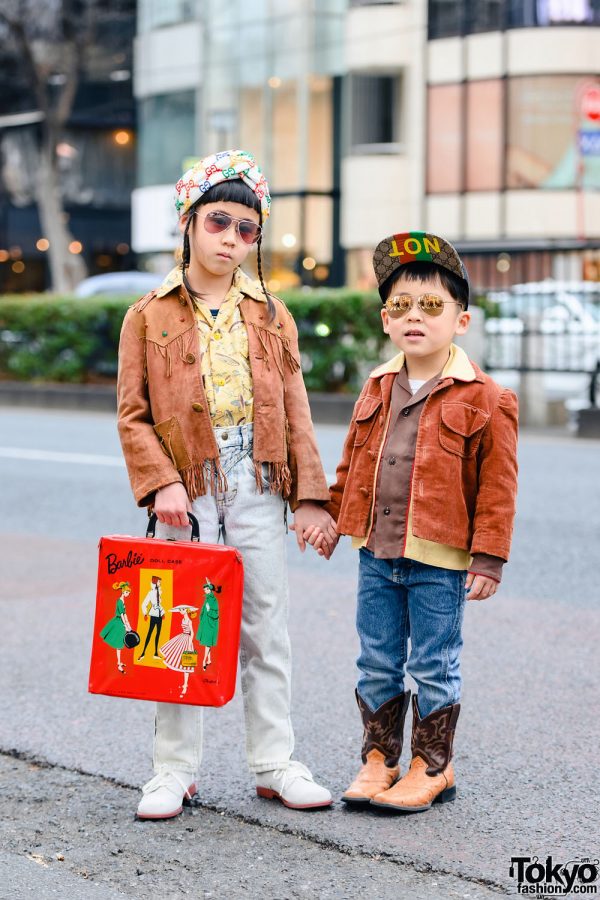 Harajuku Kids in Honey Supply Vintage Fashion w/ Barbie Box Bag, Gucci Hair Scarf, Gucci Cap, Ships Lace-Up Shoes, Vintage Justin Cowboy Boots & Ray-Ban Aviator Sunglasses