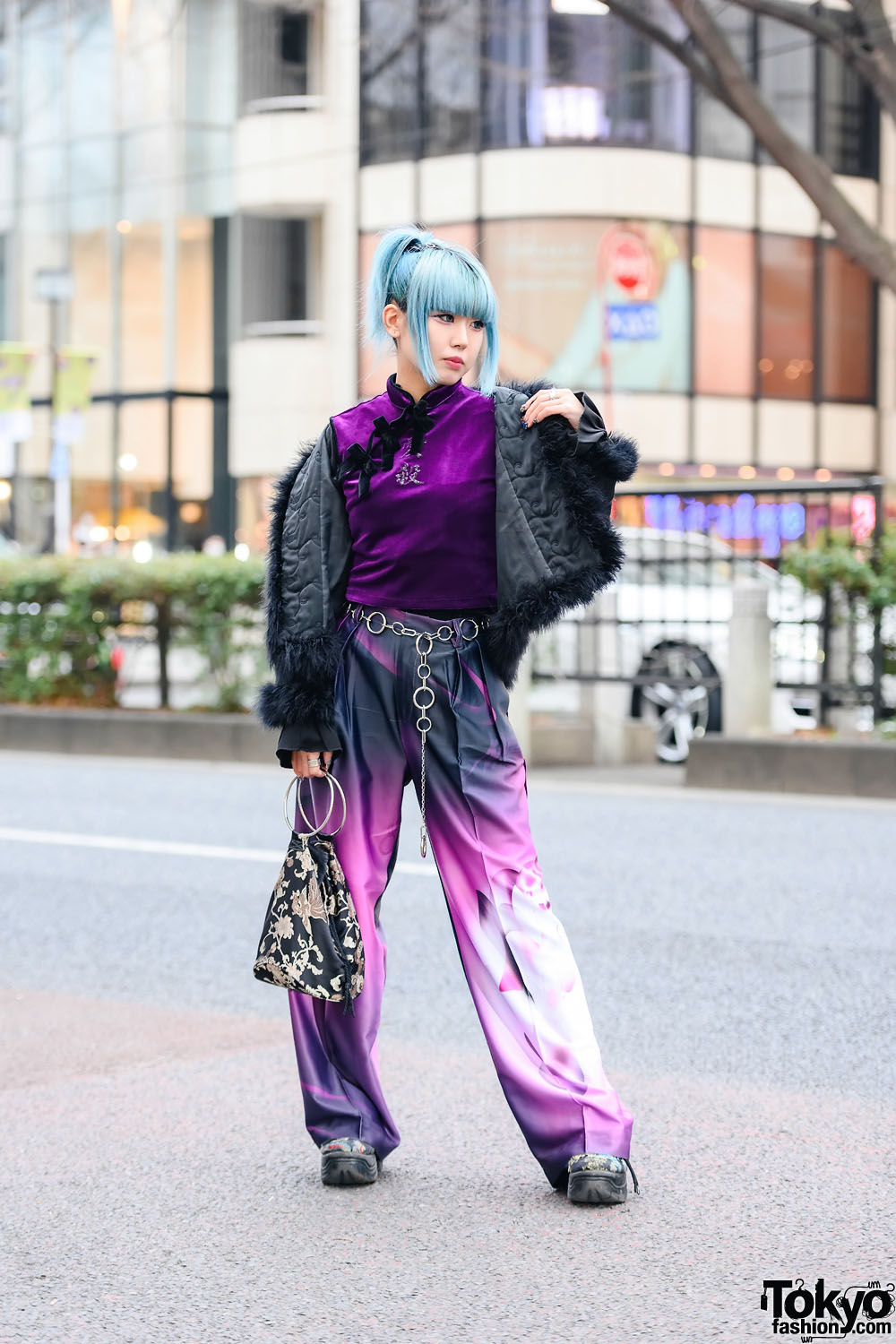 Harajuku Girl Street Style w/ Blue Hair, Jeweled Nails, Spinns Jacket, Mandarin Collar Top, Graphic Pants, Yubi Ga Ippon Bag & WC Shoes