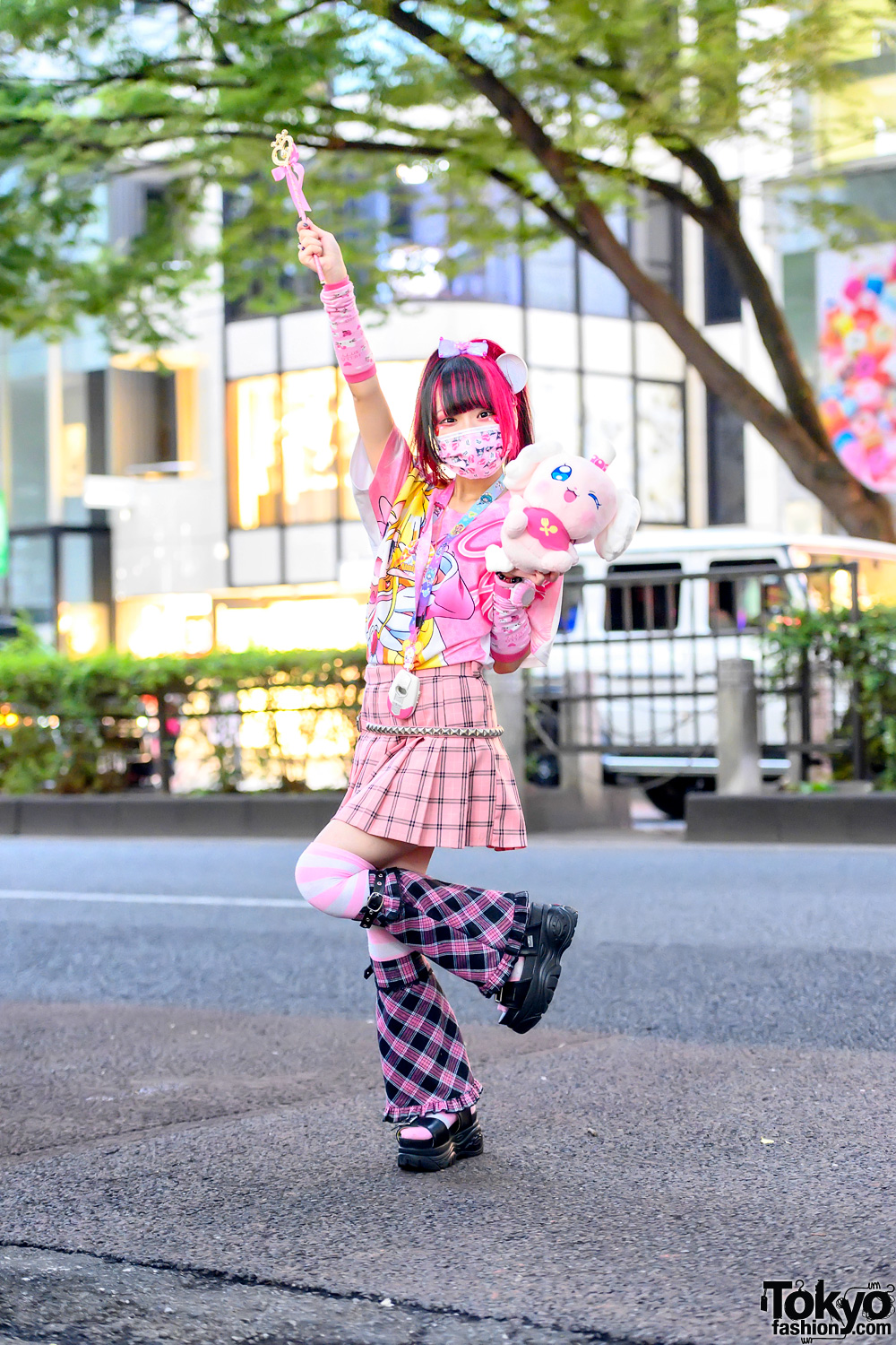 Harajuku Girl in Pink Kawaii Pretty Cure Anime Fashion w/ Pekorin Plush, Magical Girl Wand, Kuromi & Hello Kitty