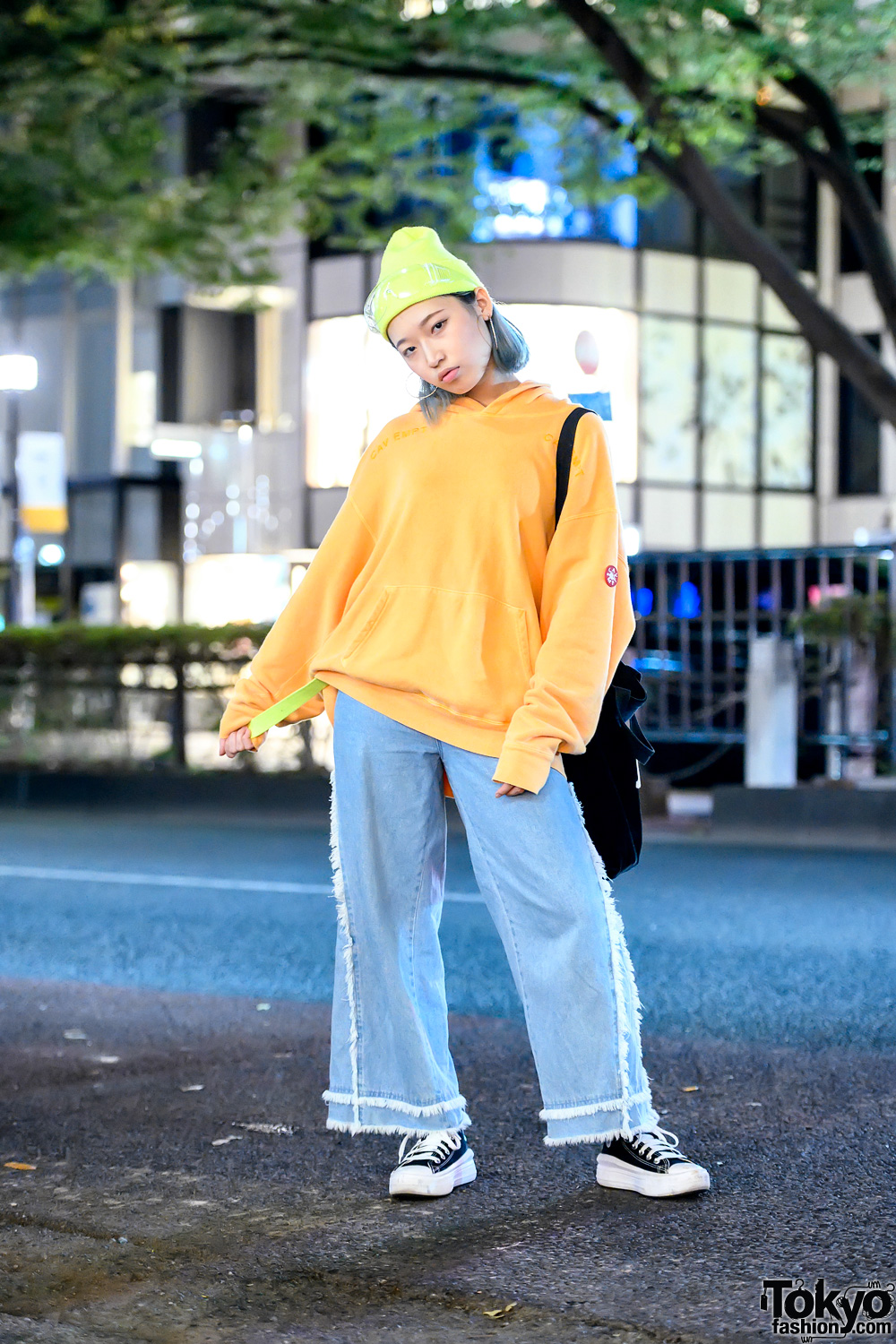 Harajuku Girl in Resale Street Style w/ CAV EMPT Hoodie, Neon Belt, Raw Edge Jeans & Converse High Top Sneakers