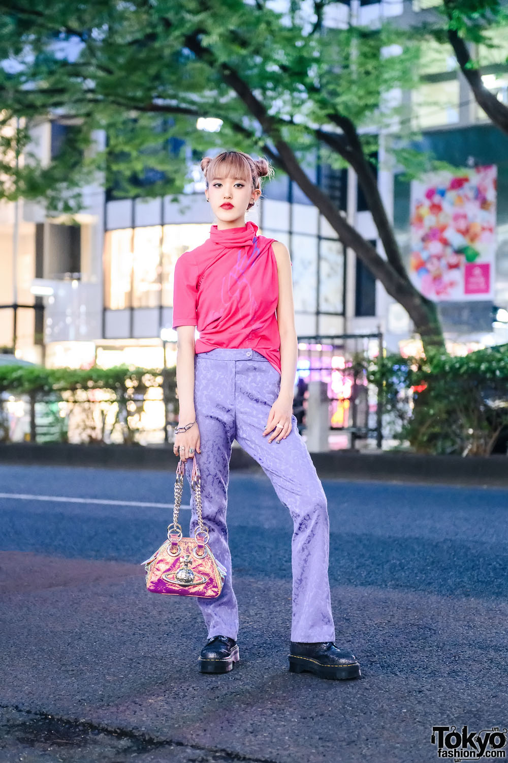 Harajuku Girl in Keisuke Yoshida Street Style w/ Funktique Tokyo Brocade Pants, Vivienne Westwood Handbag & Dr. Martens