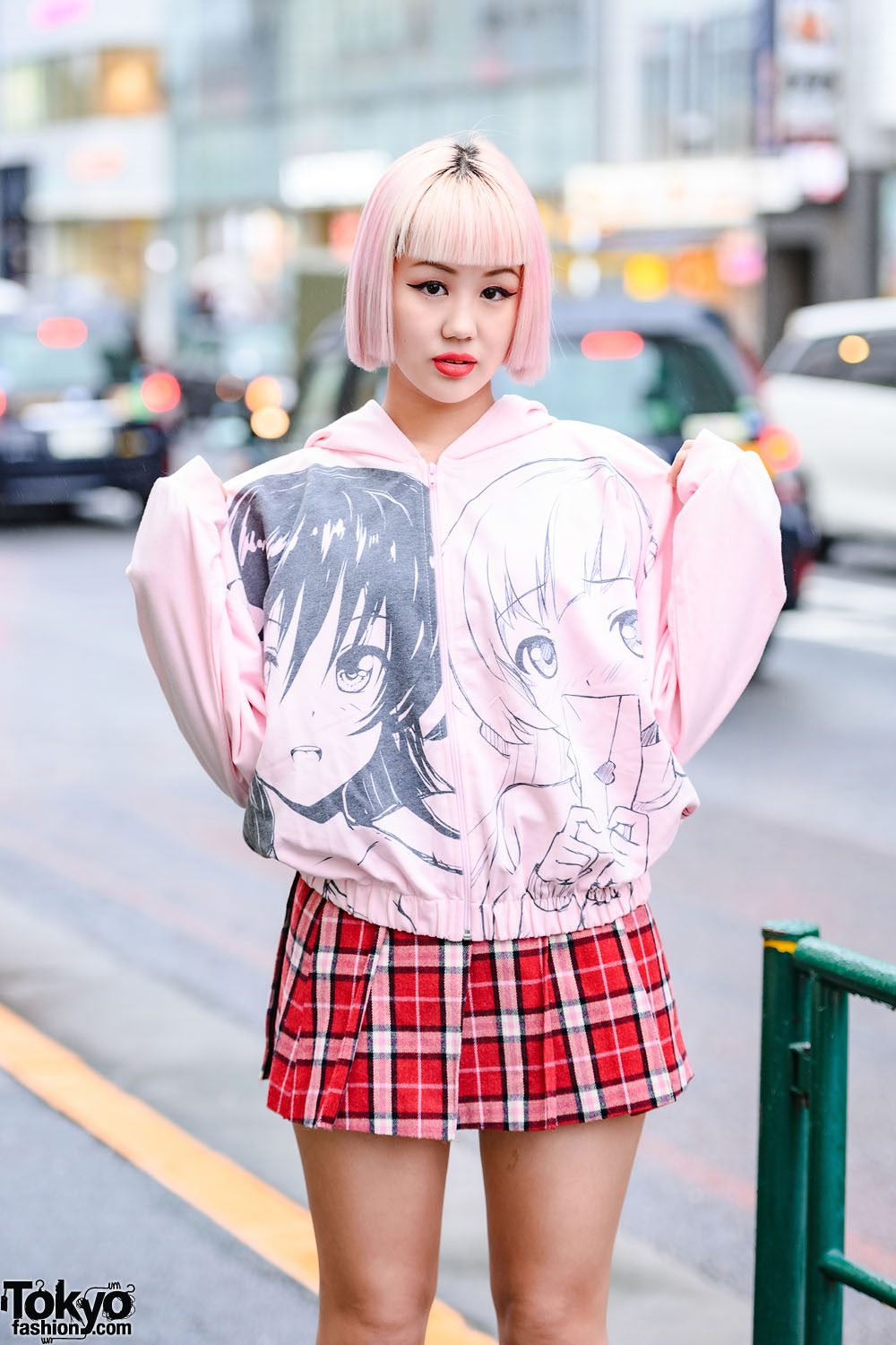 Japanese Pink Bob Hairstyle, Manga Girls Hoodie, Plaid Mini Skirt & Pink  Platform Shoes in Harajuku – Tokyo Fashion