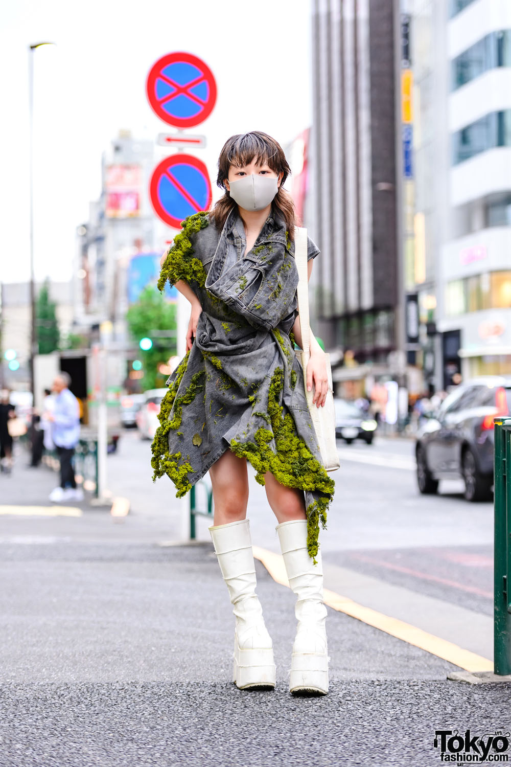 Japanese Fashion Designer in Handmade Moss-Covered Denim Dress & Tall Boots on the Street in Harajuku