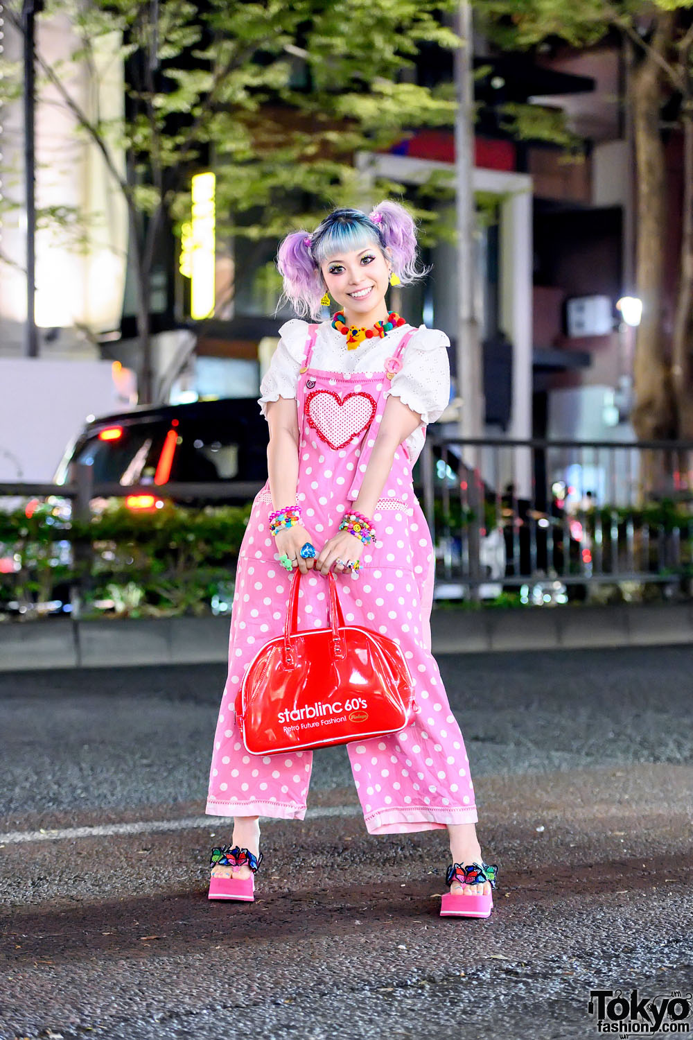 Japanese Kawaii Influencer in Harajuku w/ Pastel Hair, Pink Hime Overalls, Decora Accessories, Starblinc Bag & Platform Sandals