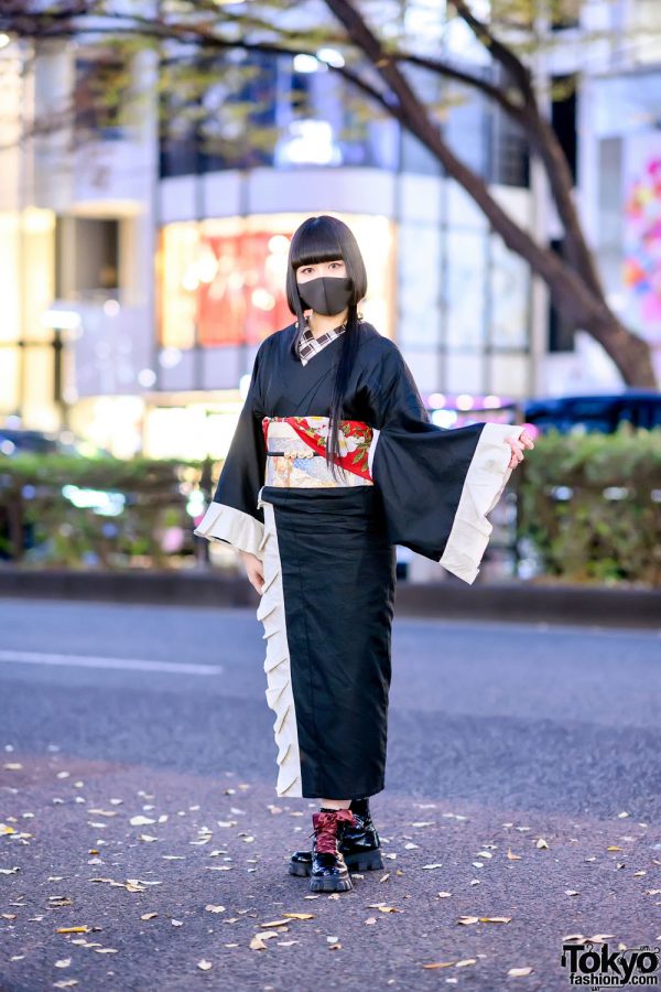 Japanese Kimono Street Style w/ Hime Haircut, Gofuku Yasan Obi, Saku Laboratory & Ribbon Laced Boots