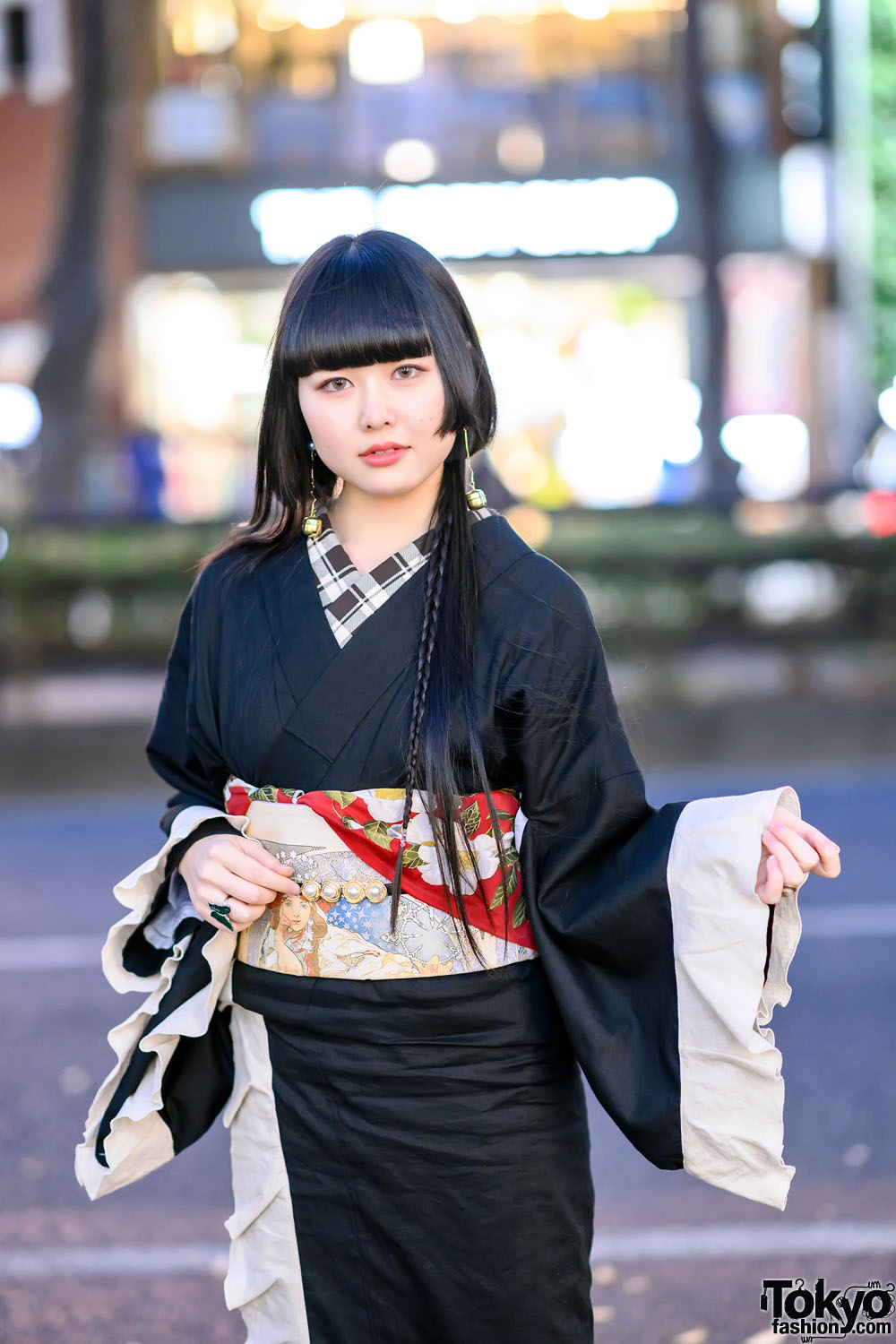 Japanese Kimono Street Style w/ Hime Haircut, Gofuku Yasan Obi, Saku ...