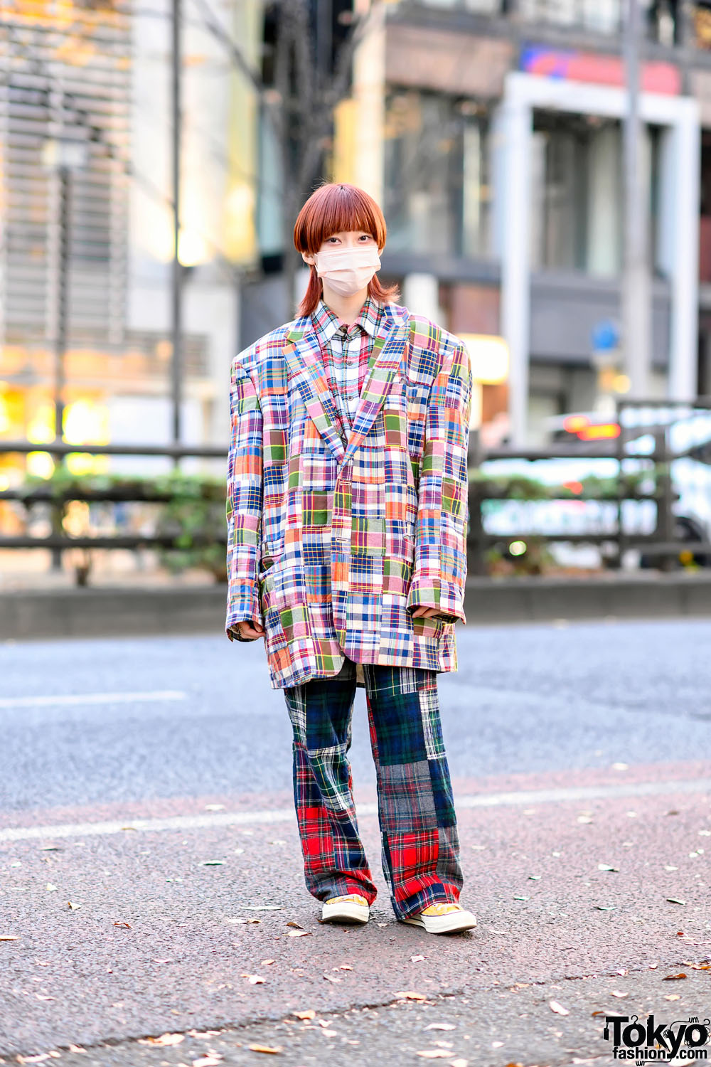 Harajuku Girl in Plaid on Plaid w/ Oversized Blazer, Vintage Plaid Pants & Converse Sneakers