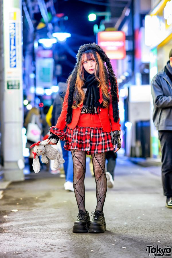 Harajuku Girl w/ Bunny in IKUMI Furry Hat, Red Blazer, Plaid Mini Skirt ...