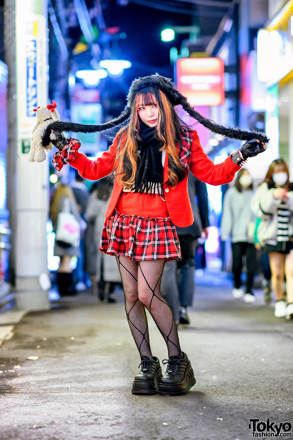Harajuku Girl w/ Bunny in IKUMI Furry Hat, Red Blazer, Plaid Mini Skirt, Fishnets, and Platforms