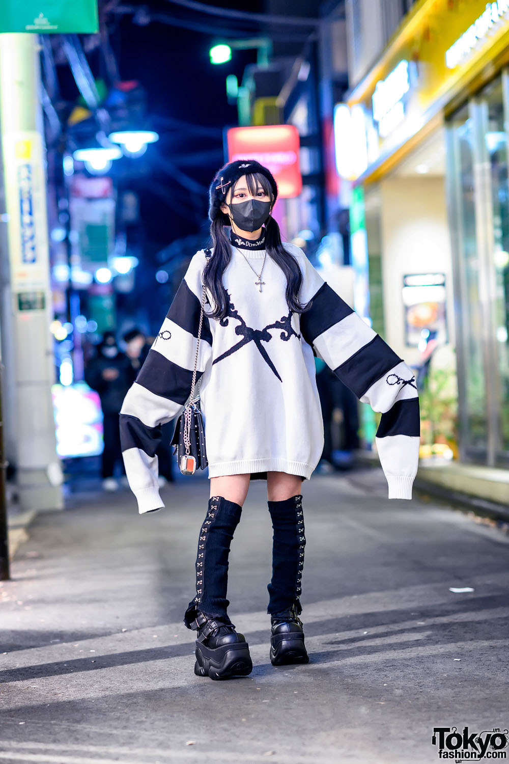 Japanese Fashion Designer in Harajuku w/ DimMoire Extra Long Sleeves Sweater, Alexander McQueen & Demonia Platform Boots