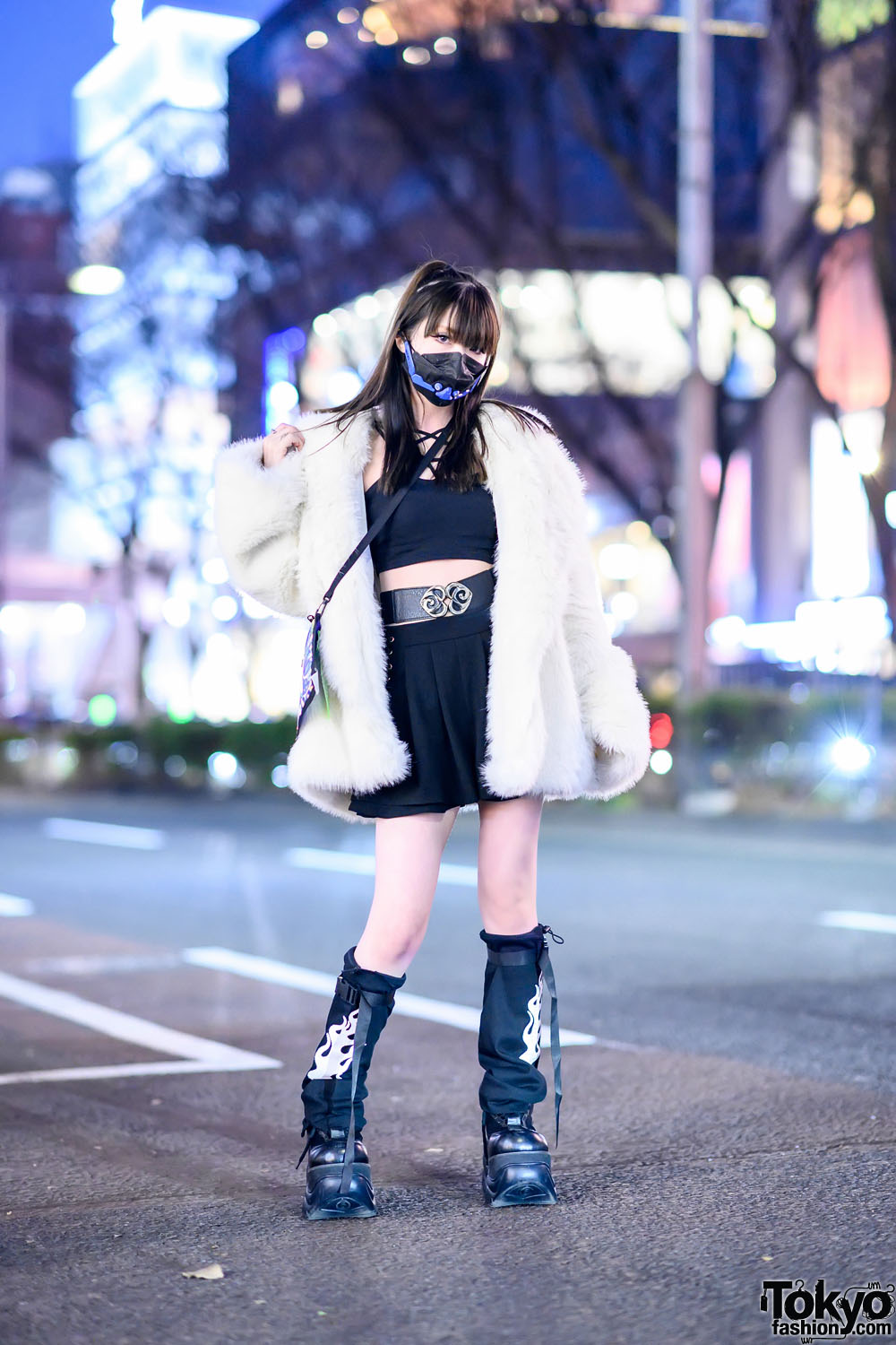 Harajuku Girl in Faux Fur Coat, CyborgLabo Face Mask, Cutout Top, Miniskirt, Leg Covers & Demonia Platform Shoes