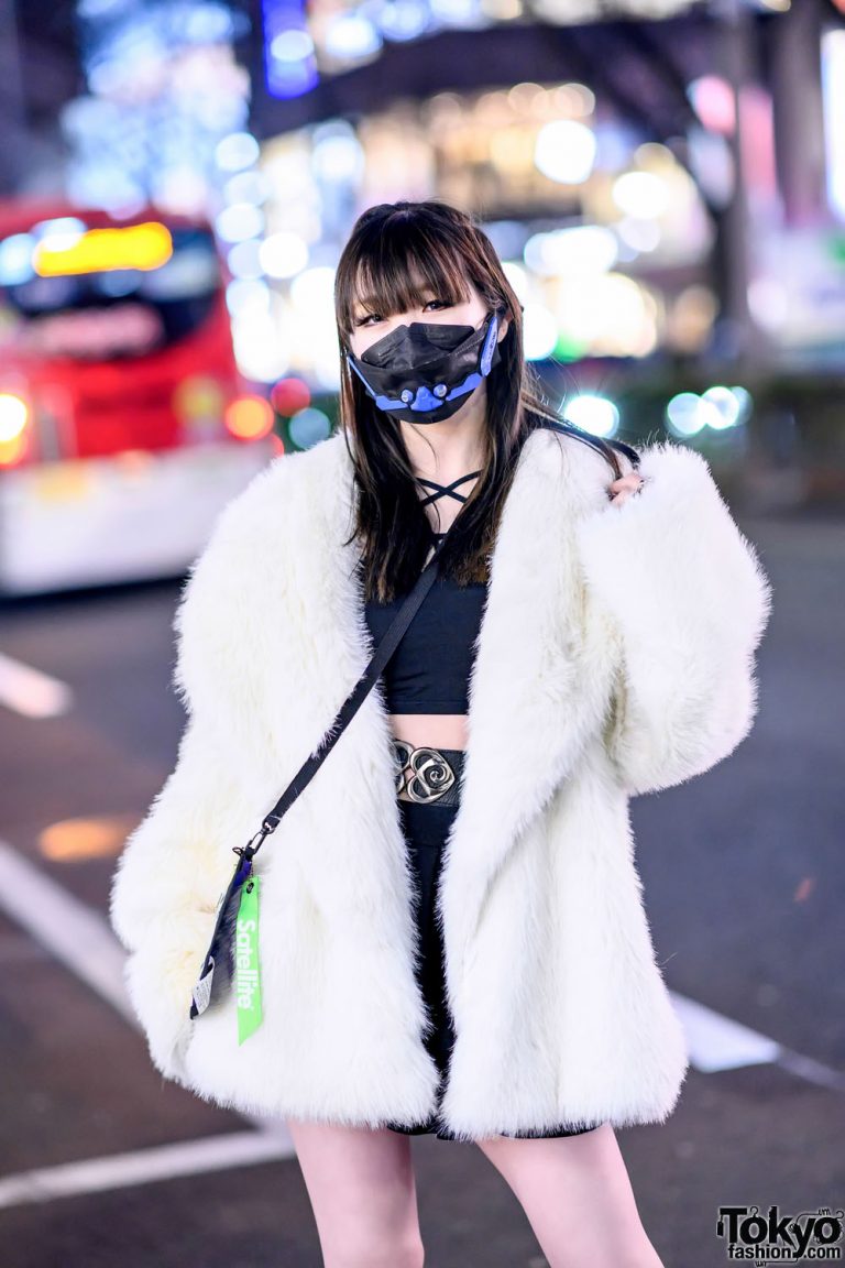 Harajuku Girl in Faux Fur Coat, CyborgLabo Face Mask, Cutout Top ...