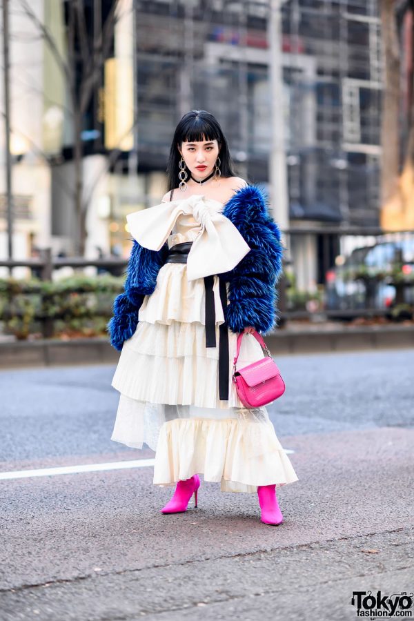 Japanese Model w/ Giant Bow, Faux Fur Jacket, BPM150 & Pink Accents in Harajuku