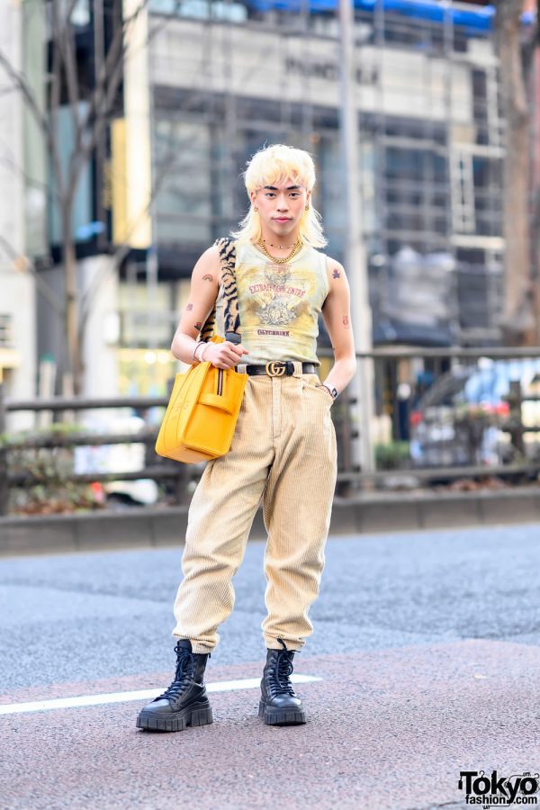 Japanese YouTuber in Harajuku w/ Vintage Street Style, Corduroy Pants & The Tote Bag by Marc Jacobs