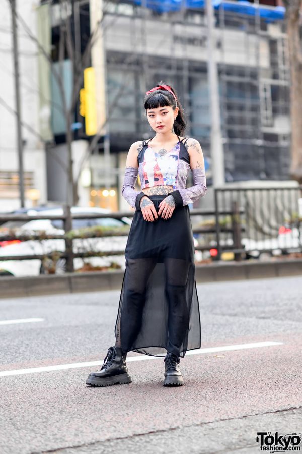 Japanese Idol w/ Tattoos & Piercings Wearing Sheer Fashion & Boots in Harajuku