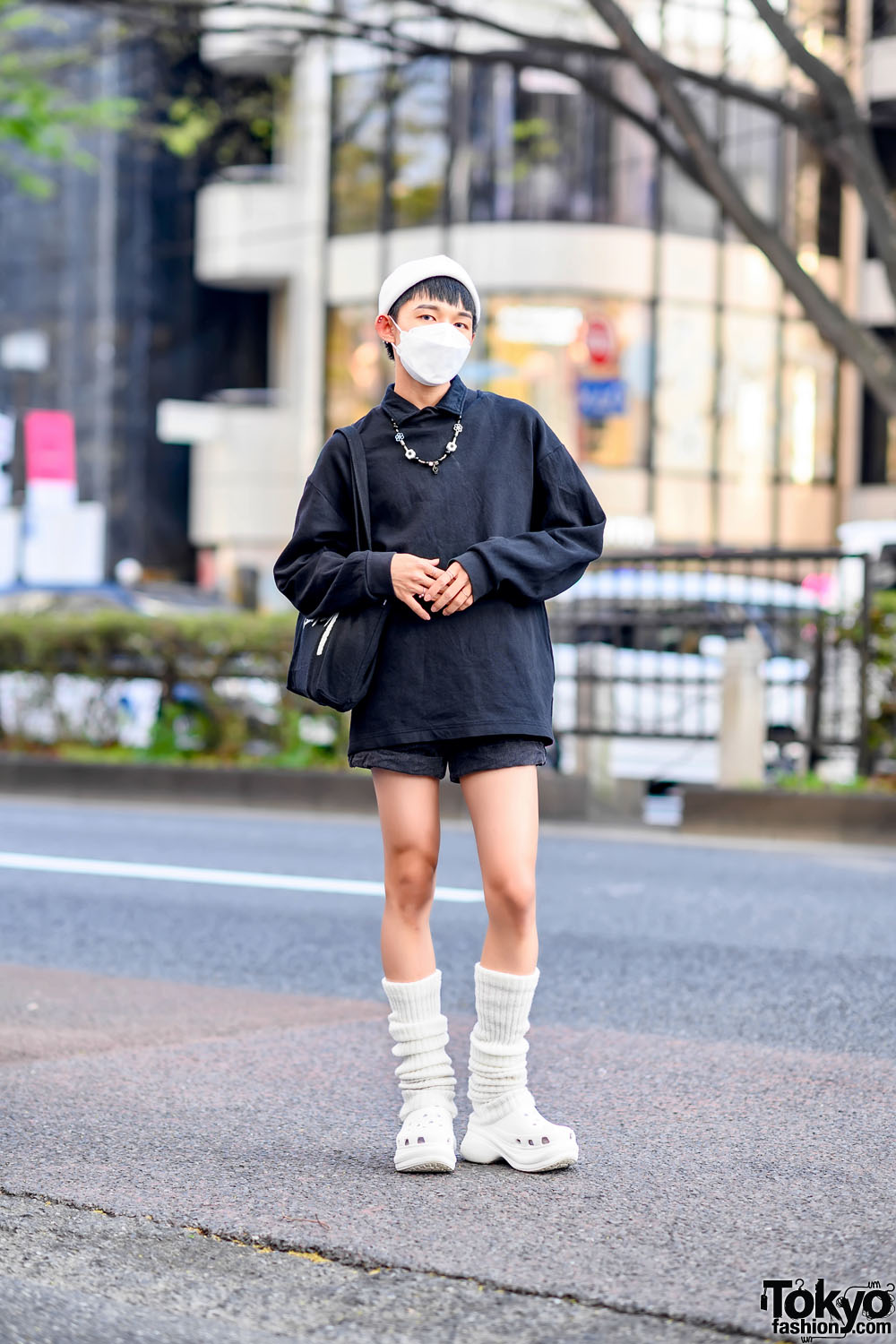 Abandon socket clothing Monochrome Harajuku Street Style w/ Knit Cap, Stussy Tote Bag, Loose Socks  & Crocs – Tokyo Fashion