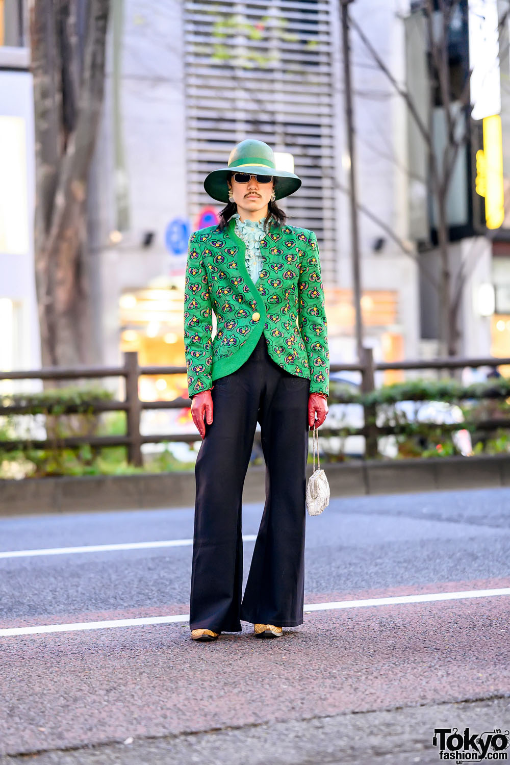 Green Vintage Harajuku Street Style w/ Wide Brim Hat, 1980s Jacket