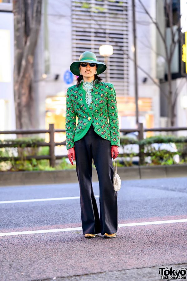 Green Vintage Harajuku Street Style w/ Wide Brim Hat, 1980s Jacket, Sailor Pants & Vintage Boots
