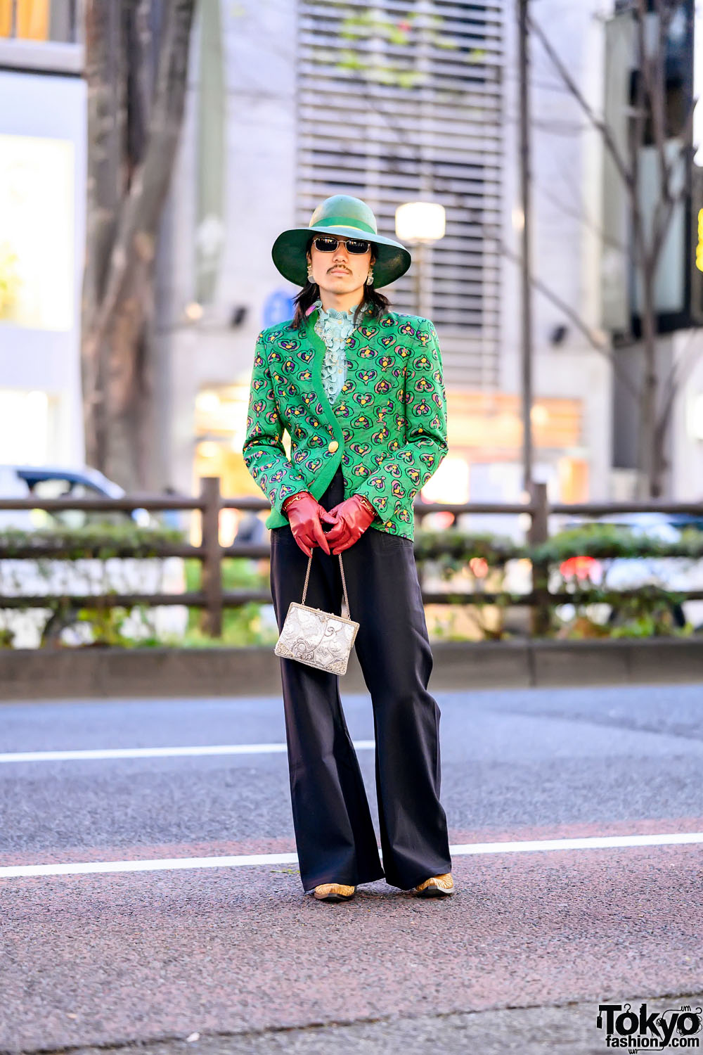 Green Vintage Harajuku Street Style w/ Wide Brim Hat, 1980s Jacket, Sailor Pants & Vintage Boots