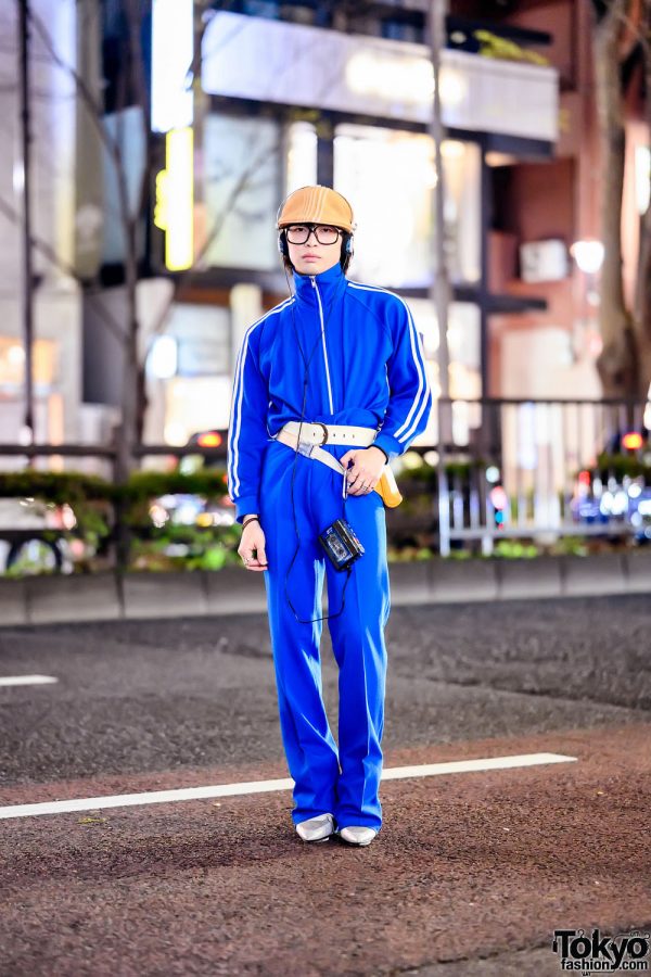 Japanese College Student in Vintage Track Suit w/ 1984 Cassette Player, Hat & Pointy Shoes