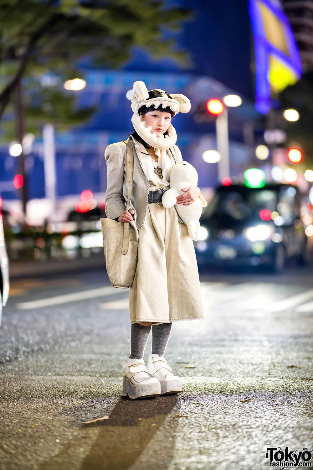 Japanese Designer in Custom Headpiece, Armani Jacket, Wide Short Pants, Kagari Yusuki Bag & Platform Boots