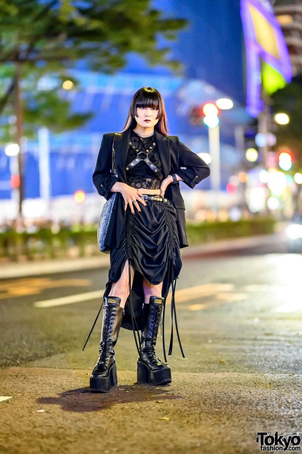 Japanese Dancer w/ Hime Hairstyle in All Black Harajuku Street Style, Not Conventional & Yosuke Boots